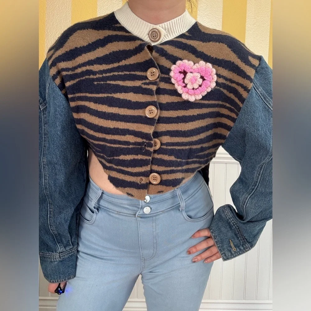 Striped Mix Fabric Denim Sleeve Jacket - Picture 5 of 6